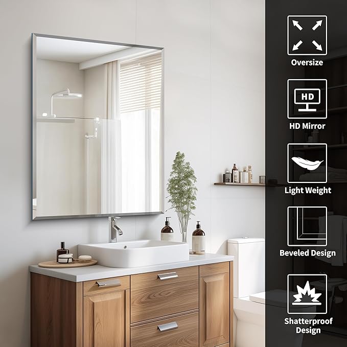 CILIBER Beveled Bathroom Mirror, 30x40 Large Frameless Mirrors for Over Sink, Upgraded Shatterproof Beveled Frameless Vanity Mirror for Bathroom,Bedroom,Living Room and Entryway
