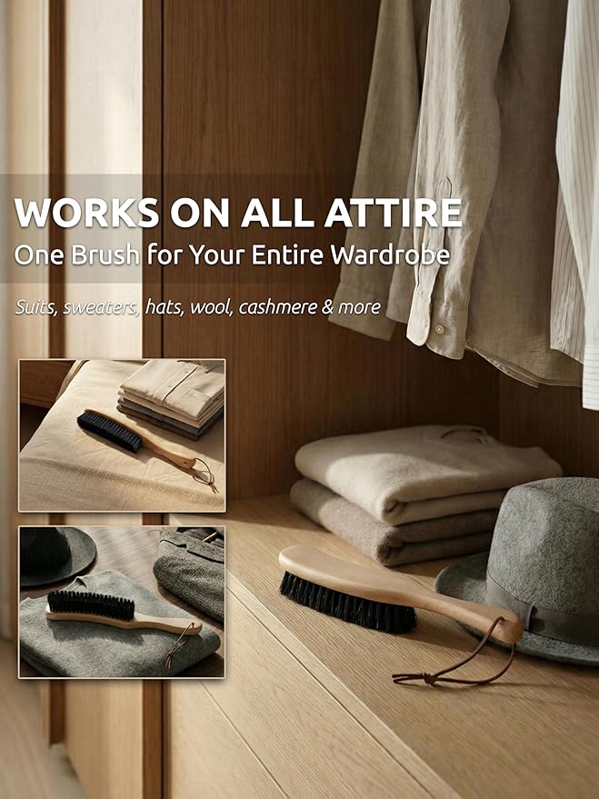 TAKAVU Clothes Brush Hat Brush, Black Boar Bristle Lint Brush with Large Beech Wood Handle - Perfect for Pet Hair, Suits, Velvet, Cashmere, Wool, Suede, Shoe - Effective Lint Remover