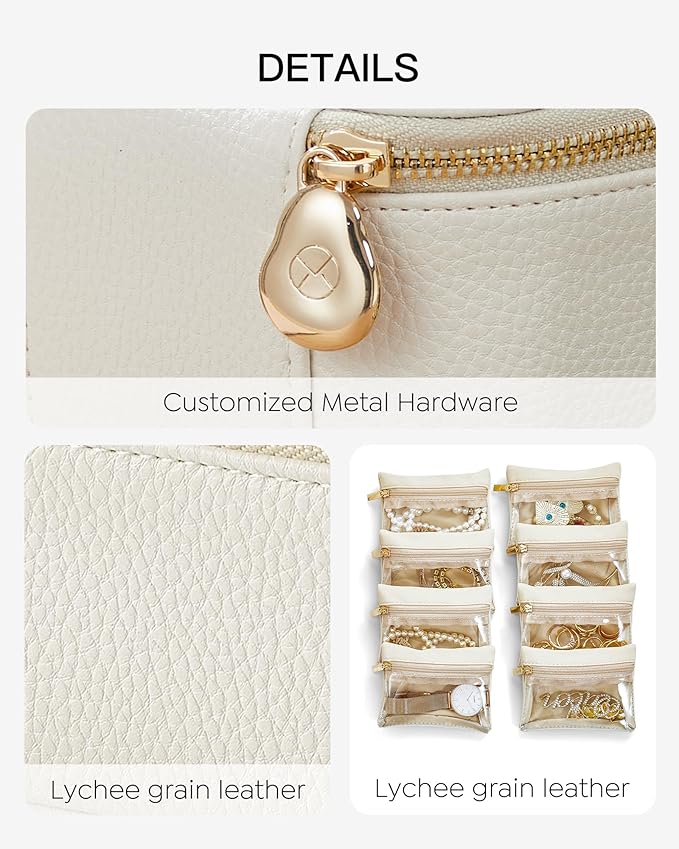 Vlando Jewelry Travel Case,Travel Jewelry Organizer with Clear Velvet Jewelry Bags Zipper Pouch for Women Girl Gift- 8Pcs White