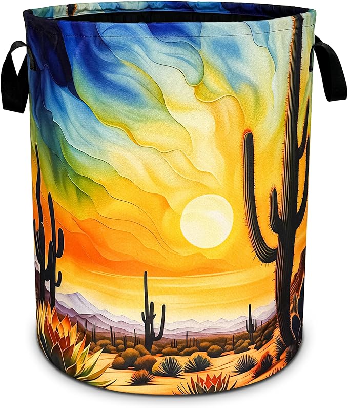 Desert Cactus Laundry Basket Sunset Foldable Oxford Cloth Funny Tote Bag Laundry Hamper Clothes Storage Bucket Toy Organizer For Bathroom/Laundry Storage/Bedroom 18.9x16.5 Inch