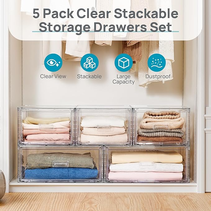 Vtopmart 5 Pack Large & Medium Stackable Drawer Organizer Set, 108QT Easy Assembly Clear Plastic Storage Cabinet, Durable Dresser for Closet, Bedroom, Entryway, Playroom & Apartment Organization
