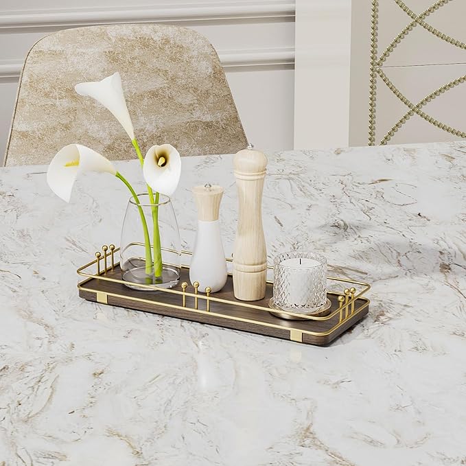 Bathroom Vanity Tray for Countertop Toiletries Perfume Makeup Soap Dispenser Toilet Tank, Kitchen Tray for Salt Spice, Decor Tray for Candle Nightstand Coffee 11.3”x 4.4” Brown-Gold