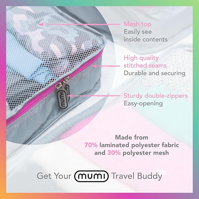 MUMI Packing Cubes - 5 Compression Packing Cubes for Travel, Luggage Organizer Bags for Suitcases, Carry-On, Duffle or Backpack – Mesh, Waterproof Bags for Clothes, Kids & Travel Accessories - Blue