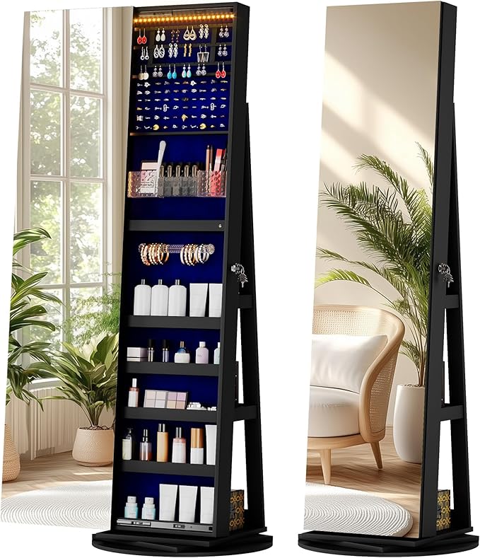 LVSOMT 360° Rotating Jewelry Mirror Cabinet with LED Lights and Lock - Freestanding Jewelry Storage Organizer for Bedroom, Closet, Vanity, Cosmetics & Accessories (Black)