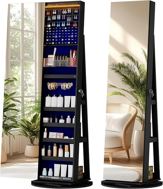 LVSOMT 360° Rotating Jewelry Mirror Cabinet with LED Lights and Lock - Freestanding Jewelry Storage Organizer for Bedroom, Closet, Vanity, Cosmetics & Accessories (Black)
