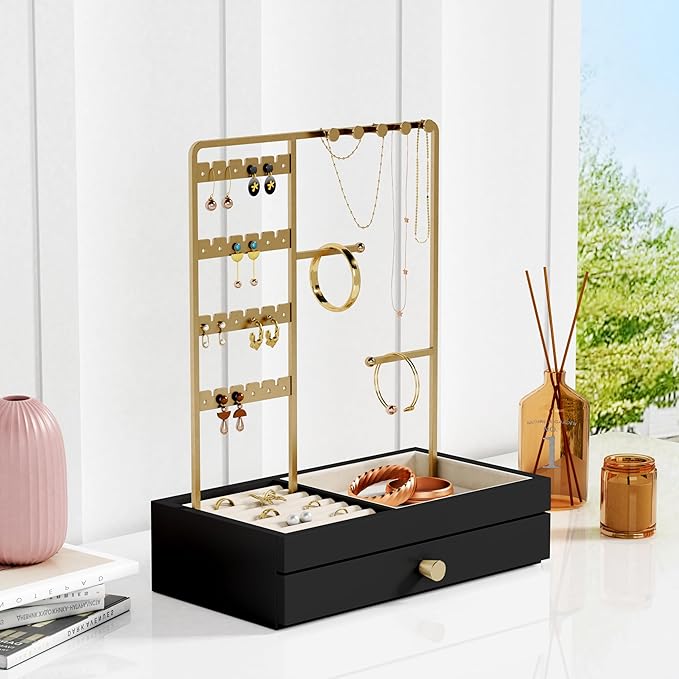Black and Gold Jewelry Organizer Stand Necklace Holder, Decorative Jewelry Tower Stand for Earrings Rings Bracelets, Necklace Display Hanger Tree for Women Dresser Top (Black and Gold)