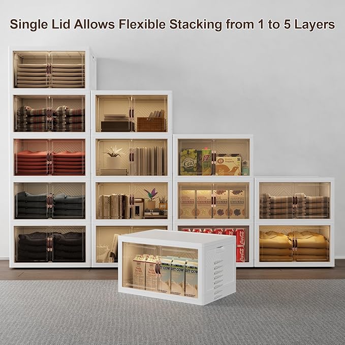 JOYMOOP Folding Storage Bins Organizer, 49.6 Quart Collapsible Storage Box with Wheels and Door, Stackble Plastic Storage Container for Clothing, Books and Sundries (XL, 12.4 Gal, 1 Tier)