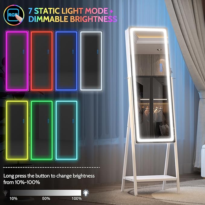 LVSOMT LED Mirror Jewelry Cabinet, Large Jewelry Armoire Cabinet Standing, Lockable Full Length Mirror with Jewelry Storage, Space-Saving Jewelry Organizer Mirror, 14 RGB Lights, White