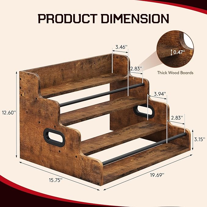 19.6”W x 15.74" D x 12.5" H Inches Versatile 4-Step Coffee Syrup & Water Bottle Organizer Rack Multi-Functional Retro Display Shelf for Kitchen or Bar, Holds Liquor & Spirits, Wooden