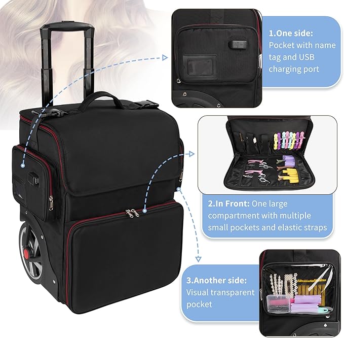 OCHEAL Rolling Makeup Train Case,with 7 Pcs Clear Makeup Bags, Makeup Case On Wheels Carry On Travel Cosmetic Organizer Suitcase, Extra Large Storage Trolley for Hairstylist Cosmetology Artist