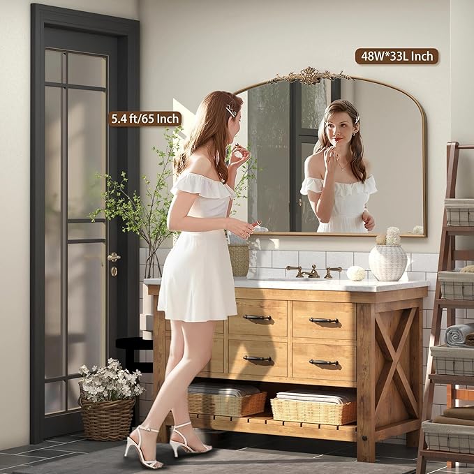 Besdomus Vintage Arched Gold Mirror: 48"x33" Oversize Gold Antique Wall Mounted Mirror - Baroque Traditional Ornate for Entryway/Fireplace/Bathroom/Hallway - Home Decor for Fashion-Conscious