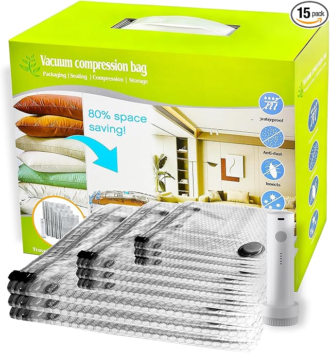 Lazyfeel 15-Pack Vacuum Travel Storage Bags with Electric Pump, Space Saver Compression Bags for Suitcases & Home Storage, 3 Sizes for Clothes, Quilts & Travel, Portable USB Rechargeable Pump