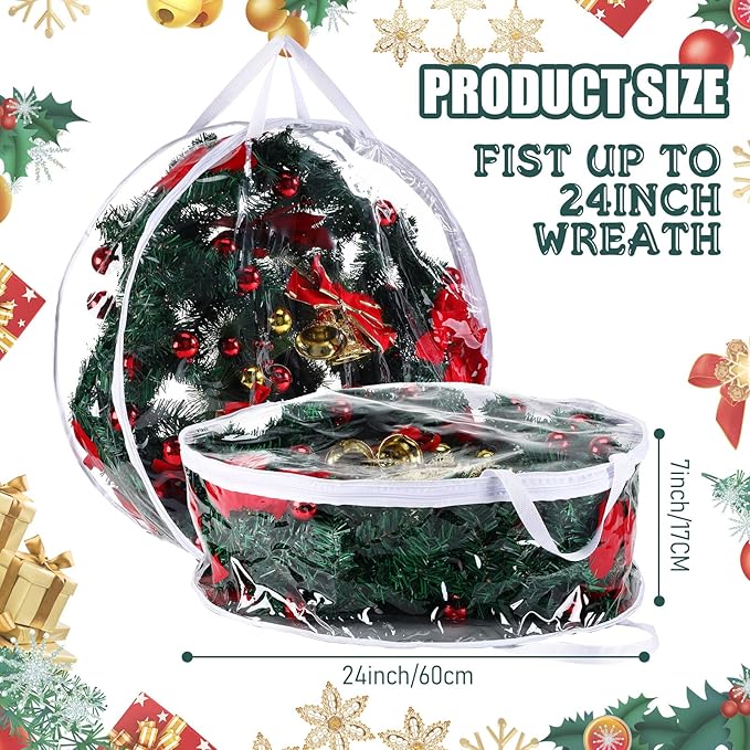 Shappy 2 Pieces Clear Christmas Wreath Storage Container 24 Inches Xmas Wreath Storage Bag Plastic Christmas Garland Container with Dual Zippers and Reinforced Handles for Xmas Seasonal (Clear)