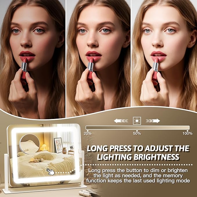 FENNIO Vanity Mirror with Lights, 12" x 16" Lighted Makeup Mirror with Smart Touch Control, 3 Color Modes & Brightness Adjustable, LED Makeup Mirror with 10X Magnification, 360° Rotation for Bedroom