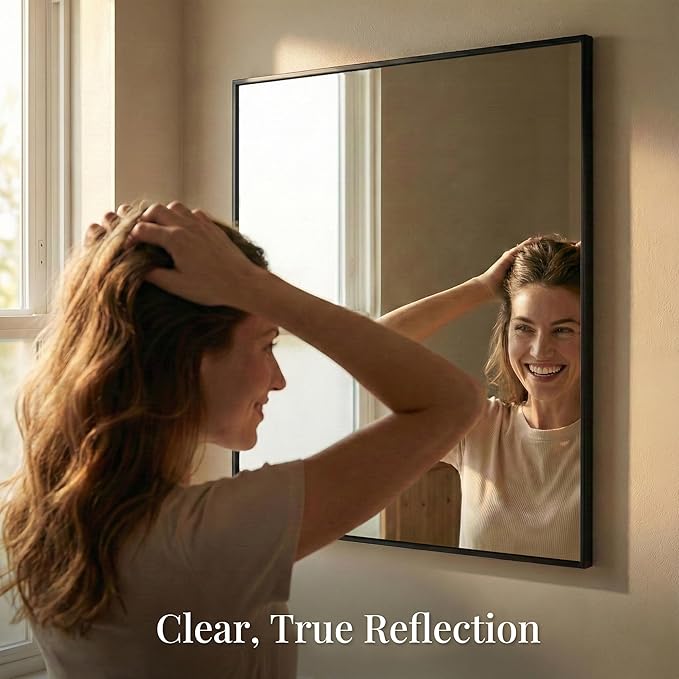 30''x30'' Square Black Bathroom Mirror, Matte Metal Framed Wall Mirror, Modern Geometric Vanity Mirror for Double Sink, Farmhouse Decor, Flush Mount