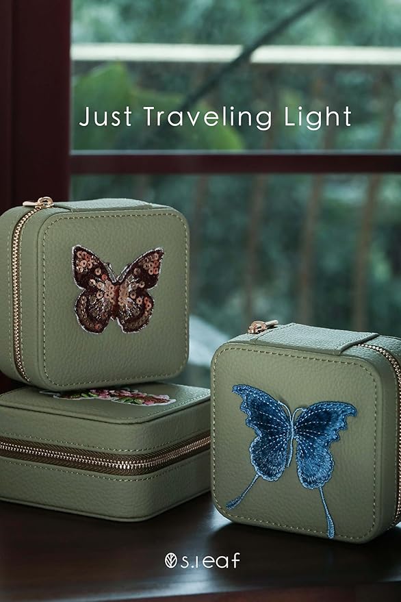 S.Leaf Travel Jewelry Organizer Boxes for Women Small Portable Necklace Earrings Bracelet Rings Travel Case Best Friend Birthday Gifts for Women Trendy (Butterfly_Fadegreen_Gray)