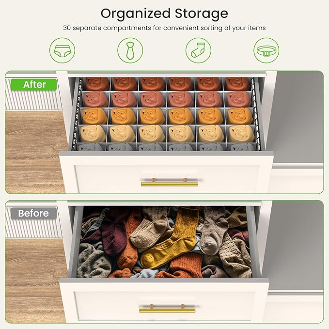 MURRI&MURRDI Socks and Underwear Storage Box for Closet with Lids, Foldable Closet Drawer Organizer 30 Cells Drawer Divider 2 Packs, Foldable Linen Storage Bin for Ties Scarves (2 Houndstooth)