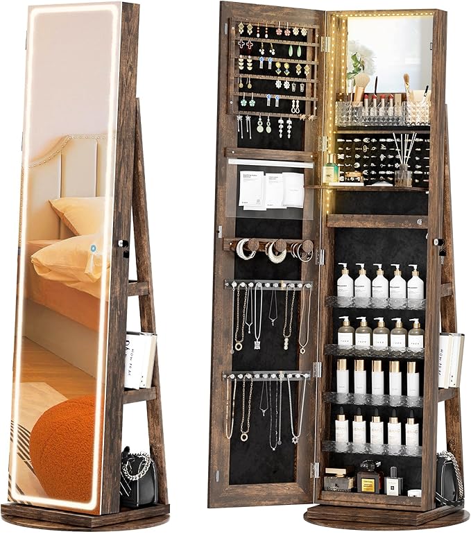 Mirror Jewelry Cabinet Standing, Jewelry Armoire with Full-Length LED Mirror and Adjustable Lights, 360° Swivel Jewelry Organizer Storage, Rustic Brown