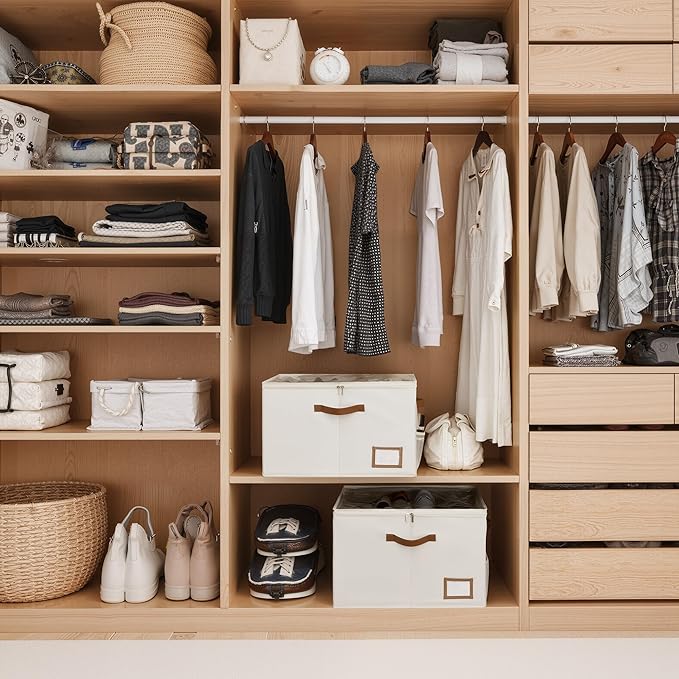 StorageWorks Shoe Oragnizer for Closet, 2 Pack Shoe Storage Cubes Holds Up to 16 Pairs, Space Saving Storage Boxes with Lid and Hanldes, Beige