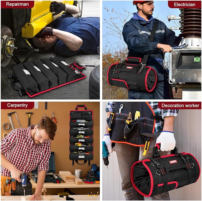 Tool Bag,Large Roll Up Tool Bag Organizer,13 Pockets Tool Roll Storage Pouch,Heavy Duty Portable Tool Storage Carrier Bag for Men,Mechanic,Electrician & Hobbyist,Black/Red