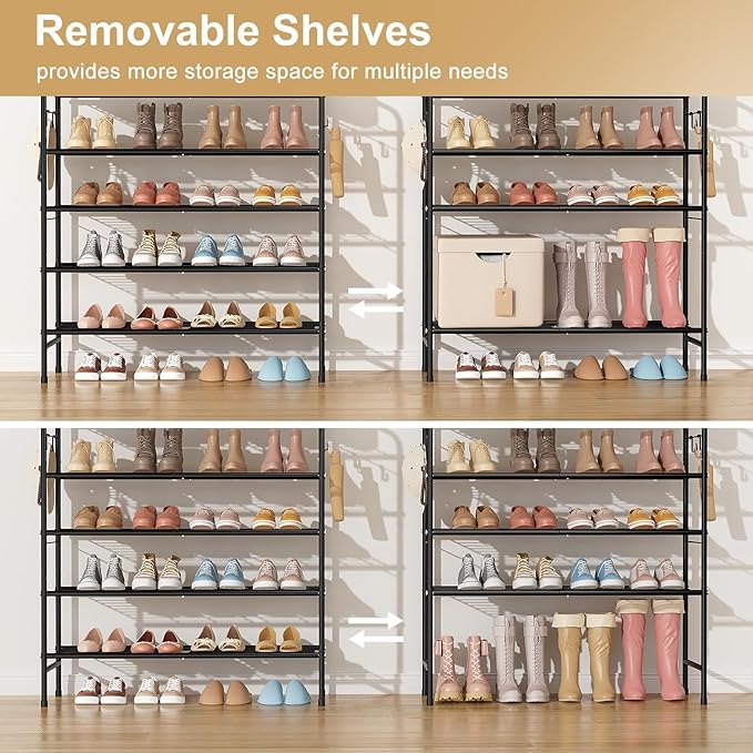 5 Tier Shoe Rack 33" Wide Metal Shoe Organizer Long Shoe Storage with 4 Side Hooks Sturdy Shoes Shelf for Closet, Front Door Entrance, Garage, Dorm, Black