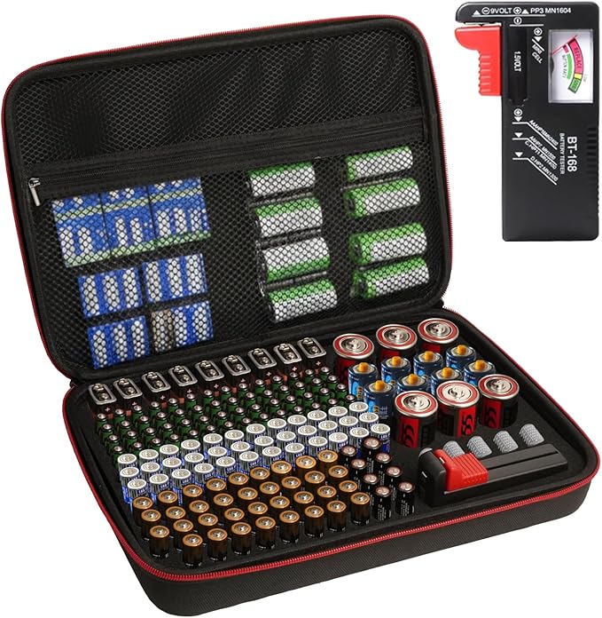 Battery Organizer Storage Case with Tester BT-168 Holds 198 AA AAA C D 9V Button Cells - Fireproof Waterproof Battery Box & Storage Container(Batteries Not Included)