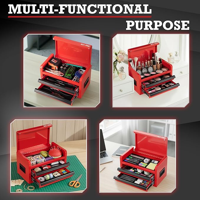 Mini Toolbox with 2 Drawers and Top Storage, Durable Steel Construction with Ball-Bearing Slides, Multi-Purpose Portable Tool Boxes Case Organizer for Garage, Red