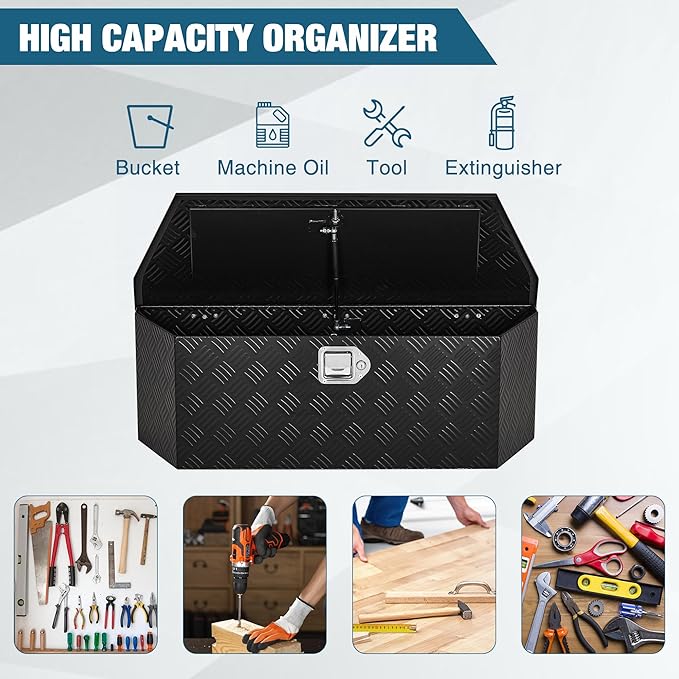 Garvee 36 in Aluminum Utility Trailer Tongue Tool Box Wide Utility Trailer Tongue Box RV Storage OrganizerTrailer Storage Toolbox With Lock & Keys Black, 5 Bar Tread (36 in X12 in X12 in)