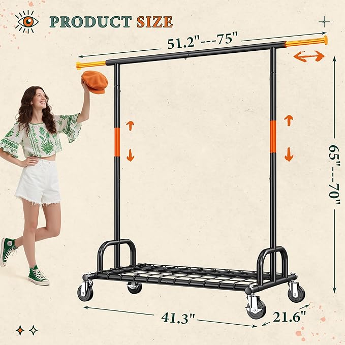 Raybee Heavy Duty Clothes Rack, Clothing Racks for Hanging Heavy Clothes 200+, Rolling Clothing Rack Load 530 LBS, Extendable & Adjustable Portable Commercial Garment Rack with Wheels, Black