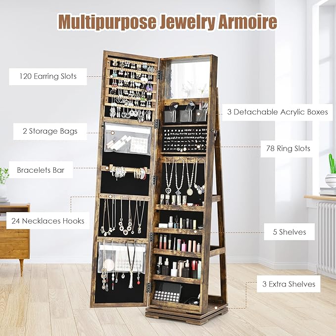 CHARMAID 360° Swivel Jewelry Armoire with Higher Full Length Mirror, Standing Lockable Jewelry Cabinet Organizer, Large Storage Capacity, Inside Makeup Mirror, Back Storage Shelves (Rustic Brown)