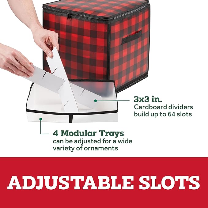 ZOBER Christmas Ornament Storage Box Plastic - Stores 64 3" Ornaments with Individual Trays - Ornament Organizer Storage Box, Durable Christmas Containers Holder - Plaid