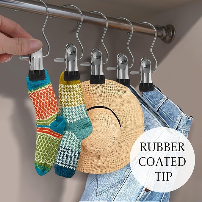 50PCS Space-Saving Clothespin, Portable 360° Rotating Stainless Steel Hanging Hook Clips Towel Clips,Laundry Hooks Hanging Clips with Clips for Home and Travel, Black