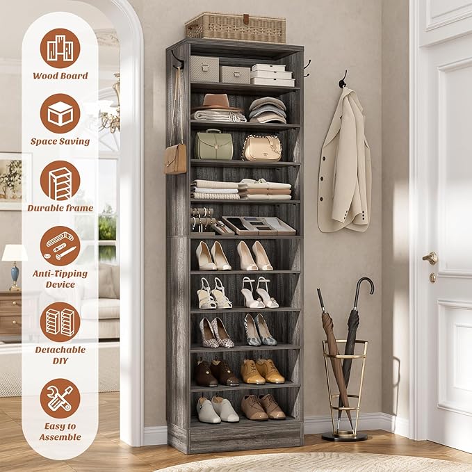 Aheaplus Tall Shoe Cabinet, 10 Tiers Narrow Wood Shoe Rack, Shoe Storage Organizer with Open Storage, Vertical Shoe Shelf Tower for 20-22 Pairs, Space Saving, for Closet, Entryway, Bedroom, Black Oak