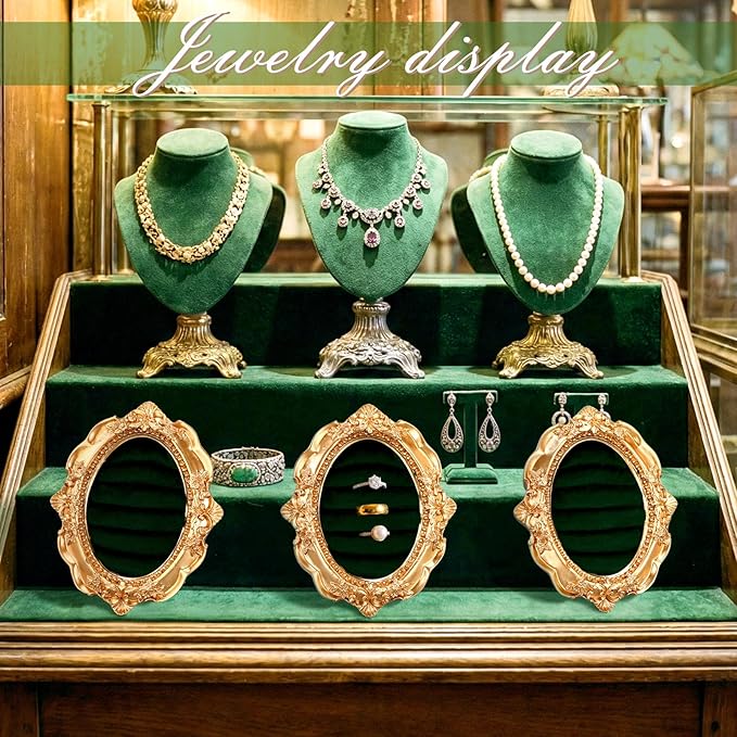 Vintage Ring Holder Round Green Mat Ring Wedding Display Suede Jewelry Box Stand Frame Earring Tray Anniversary Engagement Baroque Organizer Photograph Prop for Women Birthday Gifts
