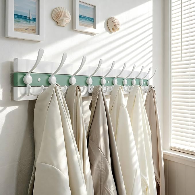 SKOLOO Coastal Coat Rack Wall Mount-38-1/8 Beach House Entryway Wooden Coat Hook with 10 Hooks for Hanging Coats, Hats or Towels, Oceanfront Cottage Core Collection, White & Green, Pack of 2