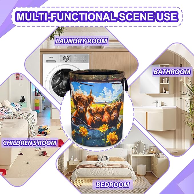 Highland Cow Laundry Basket Oxford Cloth Funny Cows Laundry Hamper With Handle Foldable Portable Clothes Storage Basket 18.9 X 16.5 In Storage Bag For Laundry Room/Bathroom/Bedroom/Dormitories