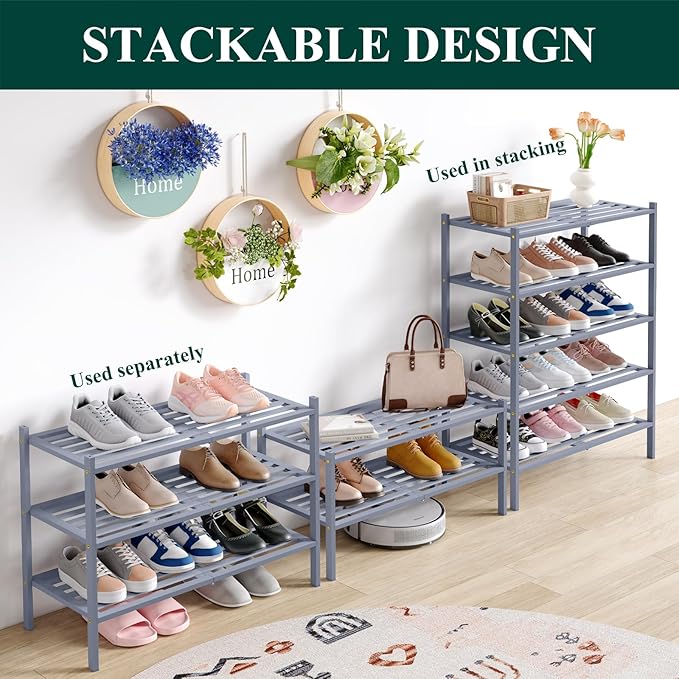 Smiry Bamboo Shoe Rack 4-Tier, Stackable Wooden Shoe Organizer for Entryway & Closet, Free Standing Wood Shoe Storage Shelf for Front Door & Small Spaces, Grey