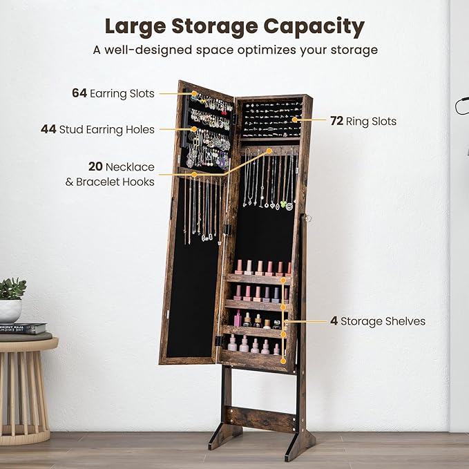 GOFLAME Jewelry Cabinet, Jewelry Organizer with Full Length Mirror Door, Standing Makeup Mirror Cabinet, Freestanding Jewelry Organizer with Large Storage Capacity (Rustic Brown)