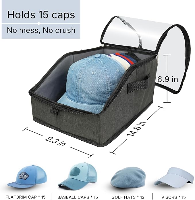 Hat Organizer for Baseball Caps, Hat Storage Holder Container for Closet Hold Up to 15 Caps with Clear Window, Hat Boxes for Home Storage (1Pcs Dark Gray