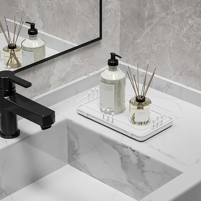 Bathroom Vanity Tray for Toiletries Makeup Perfume Candle Toilet Tank, Kitchen Tray for Soap Dispenser Spice Salt, Small Tray for Countertop Decor Coffee Nightstand 7.9”x4.4” White