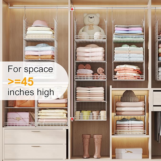 5 Tier Hanging Closet Organizer Separable Hanging Closet Shelves with 4 Hooks 2 Adjustable Dividers, Wire Storage Basket Bins for Clothing Sweaters Socks Dolls Handbags, Foldable