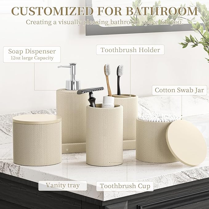6-Piece Beige Bathroom Set - Mesh Textured Resin Bathroom Accessories Set with Soap Dispenser, Toothbrush Holder, Cup, Vanity Tray & Apothecary Jars for Small Spaces