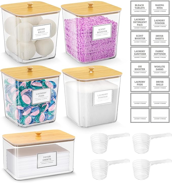 4+1 Pack Laundry Room Organization Containers,Clear Laundry Pods Container,Large Laundry Detergent Powder Storage Containers with Wooden Lids & Labels,Laundry Pods Holder for Scent Booster,Powder,Pods