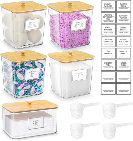 4+1 Pack Laundry Room Organization Containers,Clear Laundry Pods Container,Large Laundry Detergent Powder Storage Containers with Wooden Lids & Labels,Laundry Pods Holder for Scent Booster,Powder,Pods