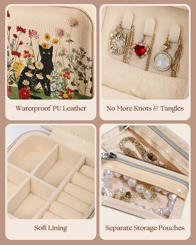 Bistup Travel Jewelry Case - Small Jewelry Organizers and Storage Box for Women Girls Teens Cute Traveling Jewelry Holder with Mirror Little Tiny Compact Modern Unique Aesthetic Pretty, Cat Flower