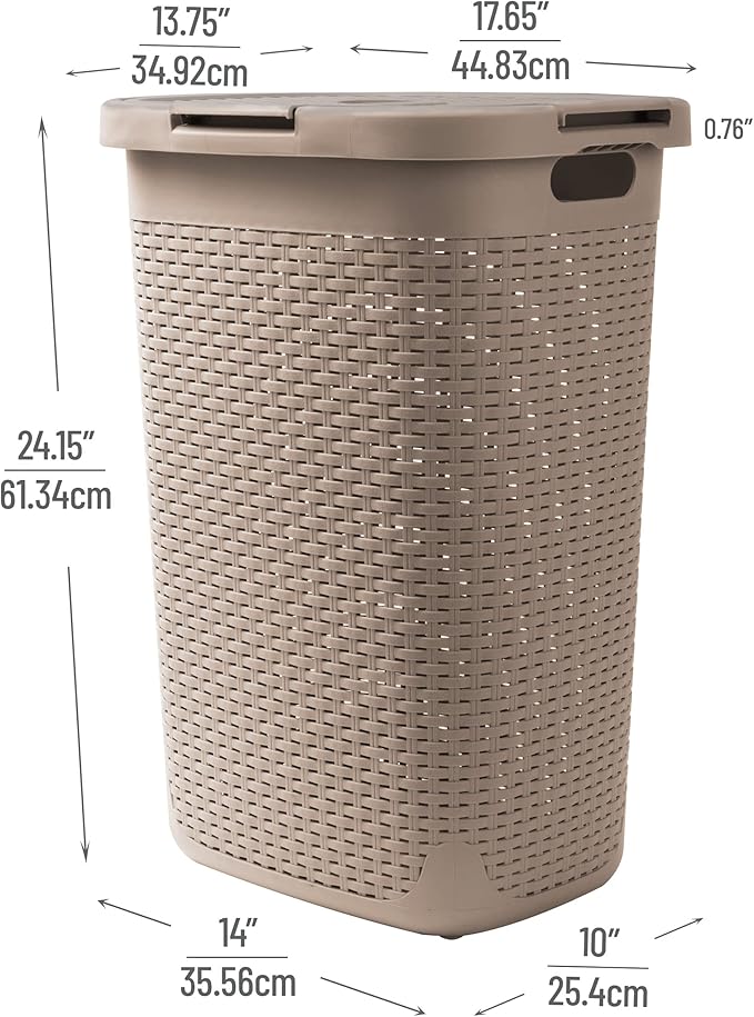 Mind Reader Slim Laundry Hamper with Lid, 60L Clothes Basket, Premium Wicker Design, Plastic, Tan