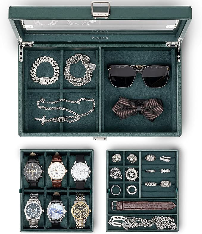 Vlando 6-Slot Watch Box Organize, Lockable Watch Case with Textured Leather, 2 Layer Watch Holder for Rings, Bracelets, Glasses, Glass Lid, Removable Divider, Gift for Fathers, Husband, Friend, Green