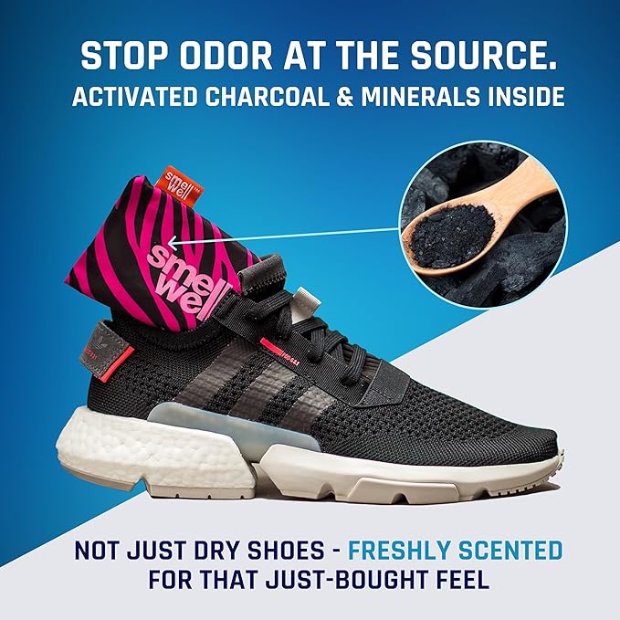 SmellWell - Scented Shoe Deodorizer Inserts - Odor Eliminators - Activated Bamboo Charcoal + Minerals - Natural Fresheners for shoes, bags, gloves - 2 x 1.8oz Original Size Black Zebra