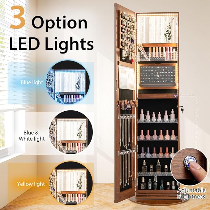 GOFLAME 360° Swivel Jewelry Cabinet Armoire with Full Length Mirror, Standing Jewelry Storage Organizer with Rear Storage Shelves, 3-Color LED Lights, Foldable Shelf, Interior Mirror, Walnut