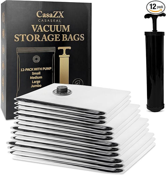 Vacuum Storage Bags – 12 Pack with Hand Pump | Space Saver Compression Bags for Clothes & Bedding | Extra Thick, Airtight Double-Zip, Triple-Valve | Reusable Storage (Jumbo/Large/Medium)